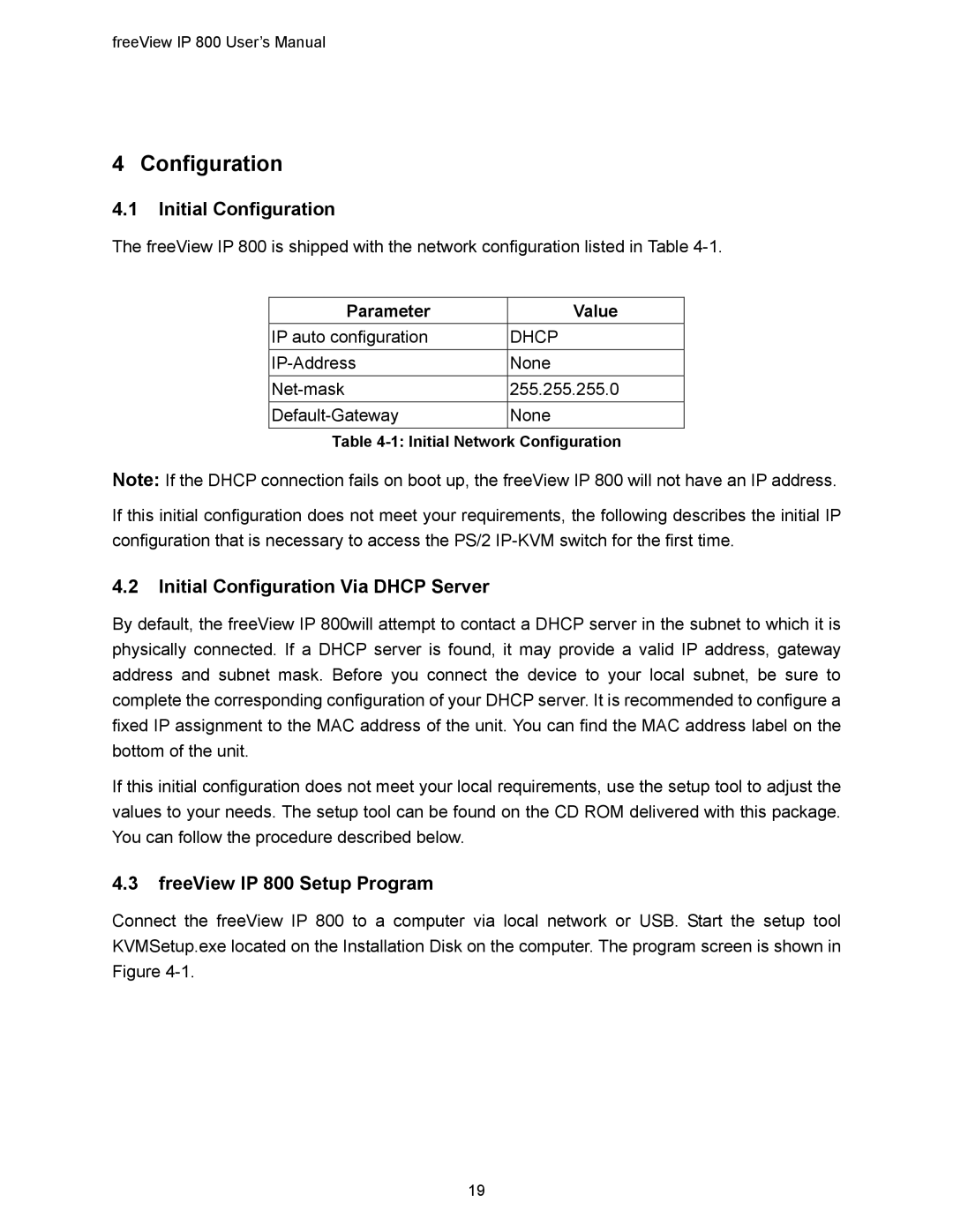 Freedom9 manual Initial Configuration Via Dhcp Server, FreeView IP 800 Setup Program, Parameter Value 