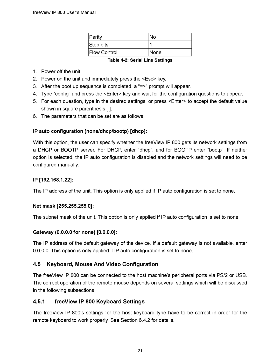 Freedom9 Keyboard, Mouse And Video Configuration, FreeView IP 800 Keyboard Settings, Net mask, Gateway 0.0.0.0 for none 