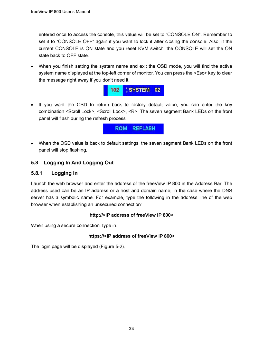 Freedom9 IP 800 manual Logging In And Logging Out, Http//IP address of freeView IP, Https//IP address of freeView IP 