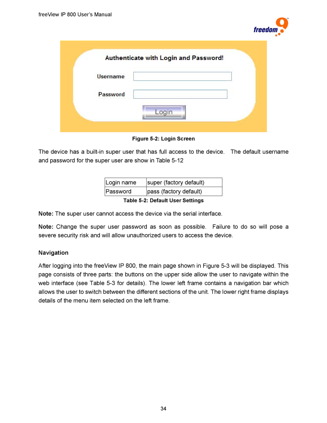Freedom9 IP 800 manual Navigation, Login Screen 