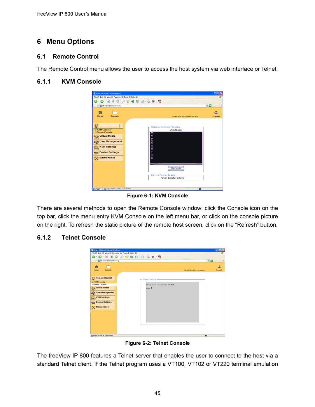 Freedom9 IP 800 manual Remote Control, KVM Console, Telnet Console 