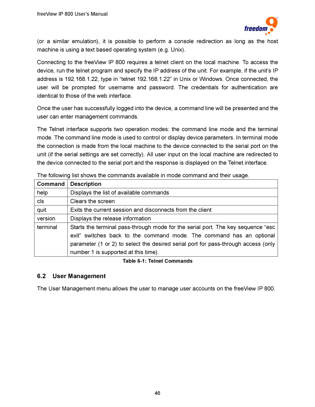 Freedom9 IP 800 manual User Management, Command Description 