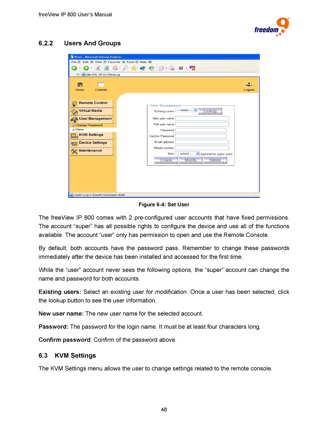 Freedom9 IP 800 manual Users And Groups, KVM Settings 