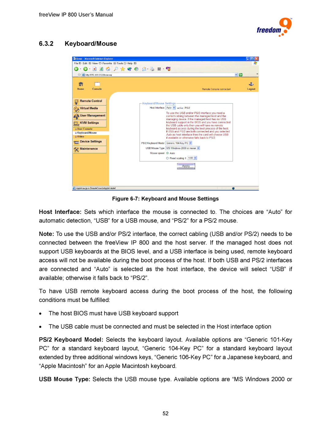 Freedom9 IP 800 manual Keyboard/Mouse, Keyboard and Mouse Settings 