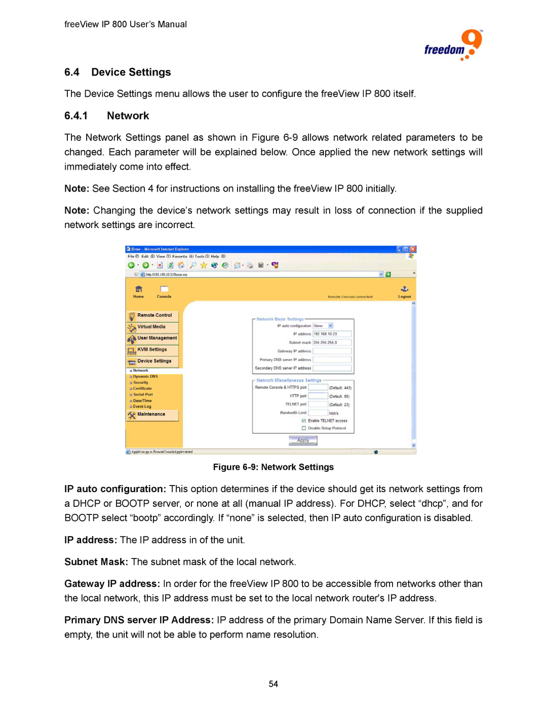 Freedom9 IP 800 manual Device Settings, Network 