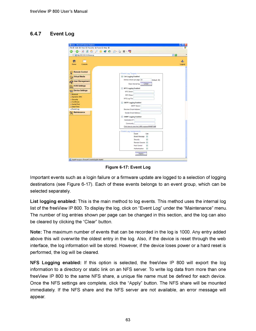 Freedom9 IP 800 manual Event Log 