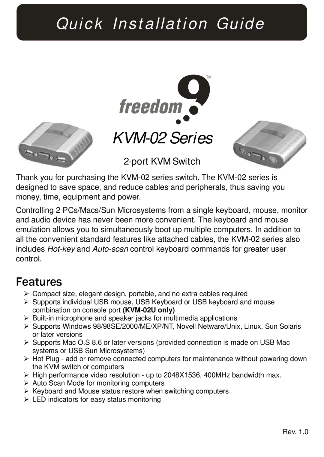 Freedom9 manual KVM-02 Series, Features 