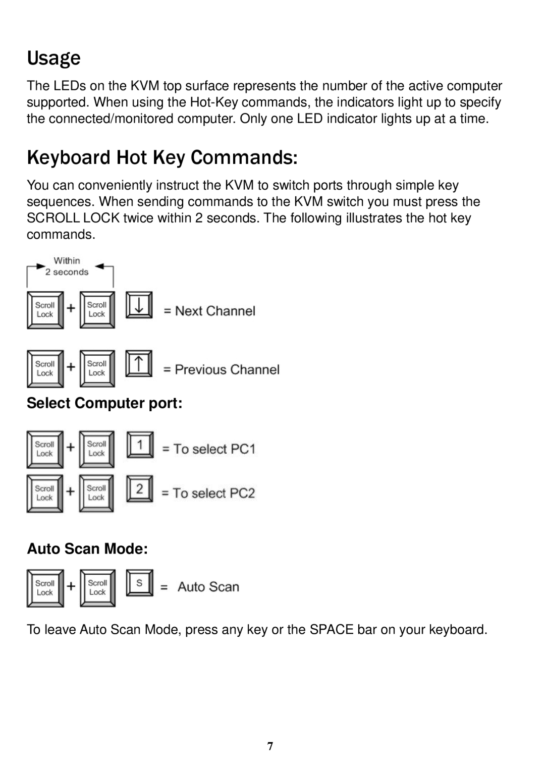 Freedom9 KVM-02 manual Usage, Keyboard Hot Key Commands 