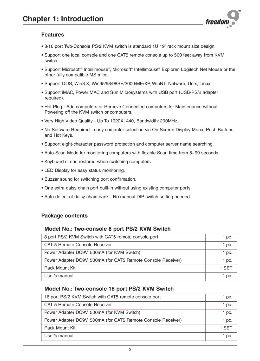 Freedom9 KVM-16H, KVM-08H user manual Features, Model No. Two-console 16 port PS/2 KVM Switch 