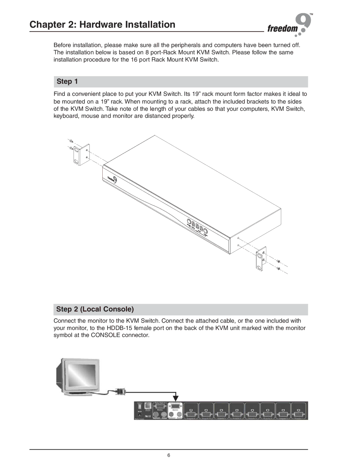 Freedom9 KVM-16H, KVM-08H user manual Hardware Installation, Step, Local Console 