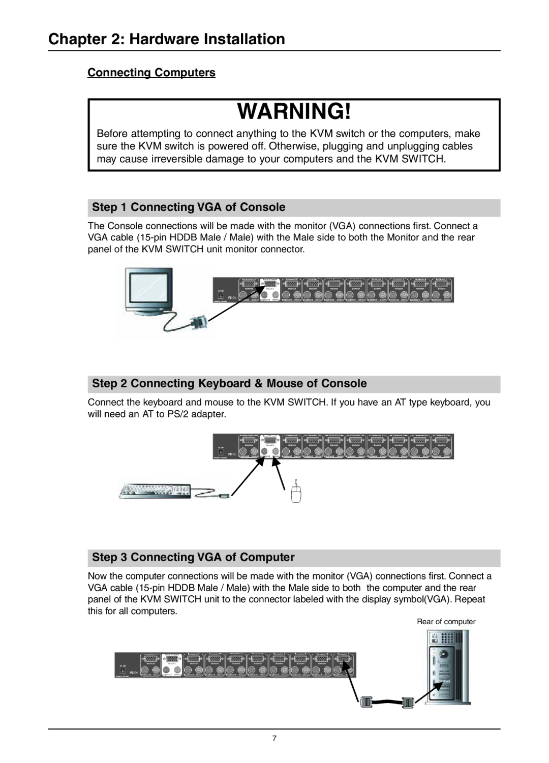 Freedom9 KVM-08P user manual Connecting Computers, Connecting VGA of Console, Connecting Keyboard & Mouse of Console 