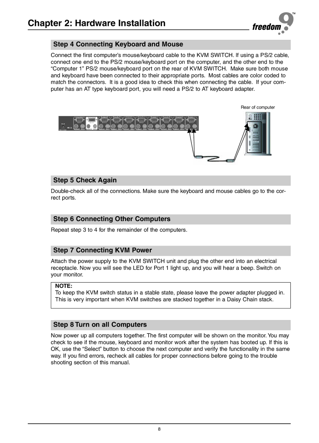 Freedom9 KVM-08P user manual Connecting Keyboard and Mouse, Check Again, Connecting Other Computers, Connecting KVM Power 