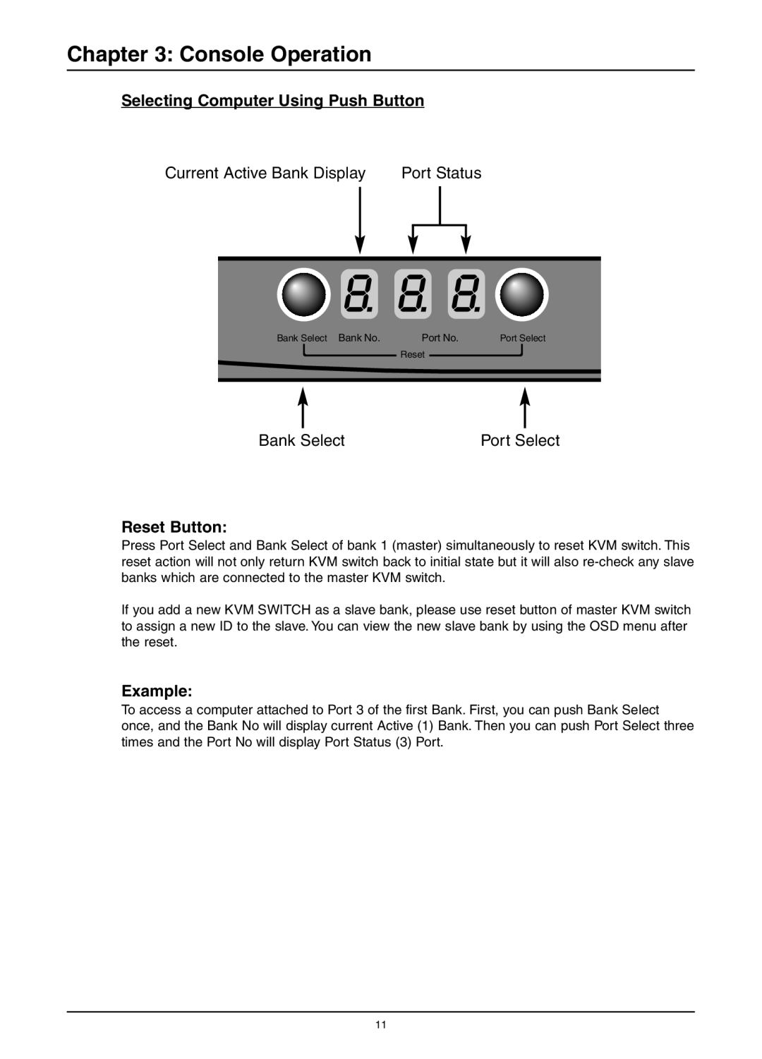 Freedom9 KVM-08P user manual Selecting Computer Using Push Button, Reset Button 