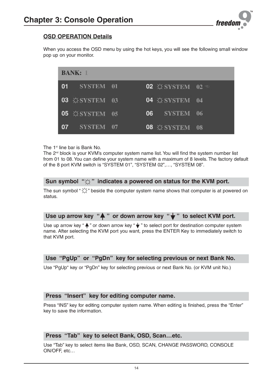 Freedom9 KVM-08P user manual OSD Operation Details, Sun symbol indicates a powered on status for the KVM port 