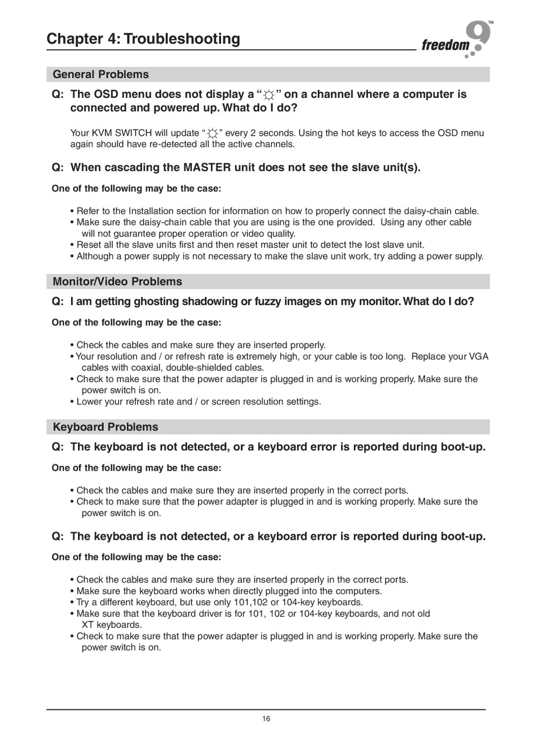 Freedom9 KVM-08P user manual Troubleshooting, When cascading the Master unit does not see the slave units 