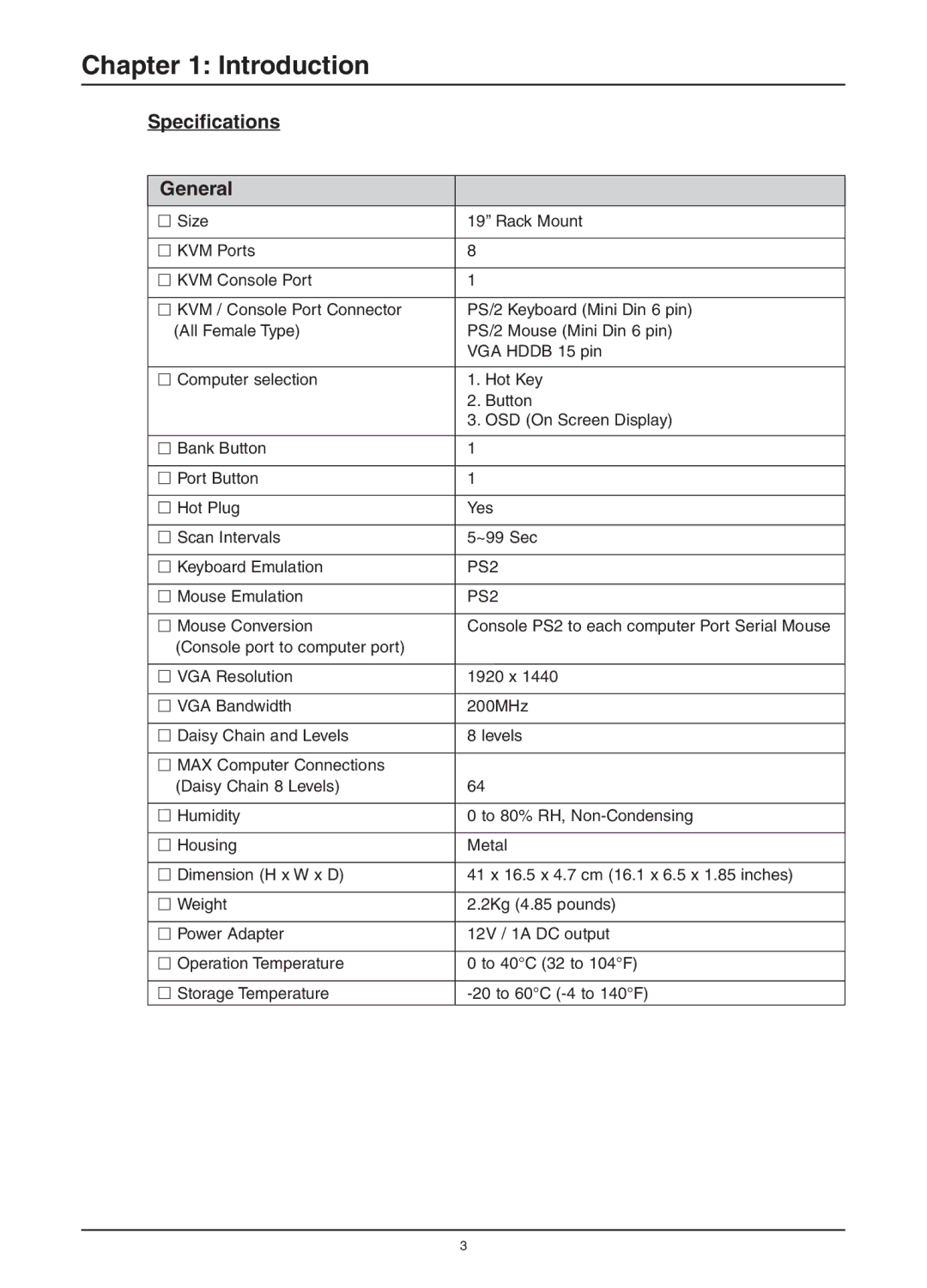 Freedom9 KVM-08P user manual Specifications General 