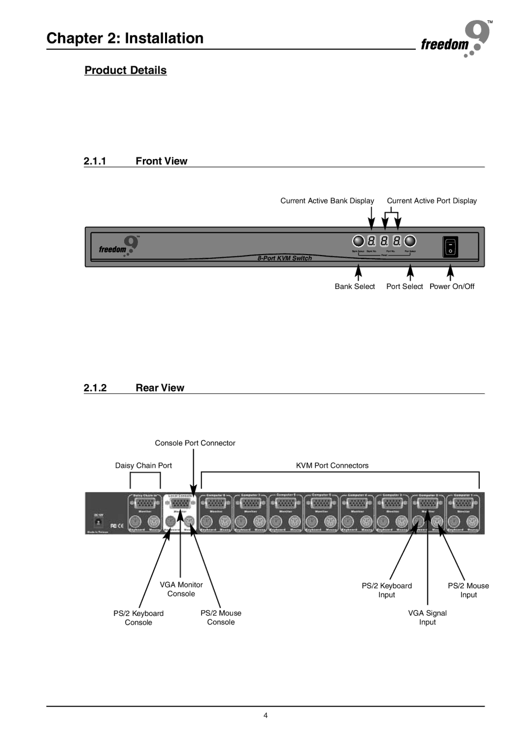 Freedom9 KVM-08P user manual Installation, Product Details Front View, Rear View 