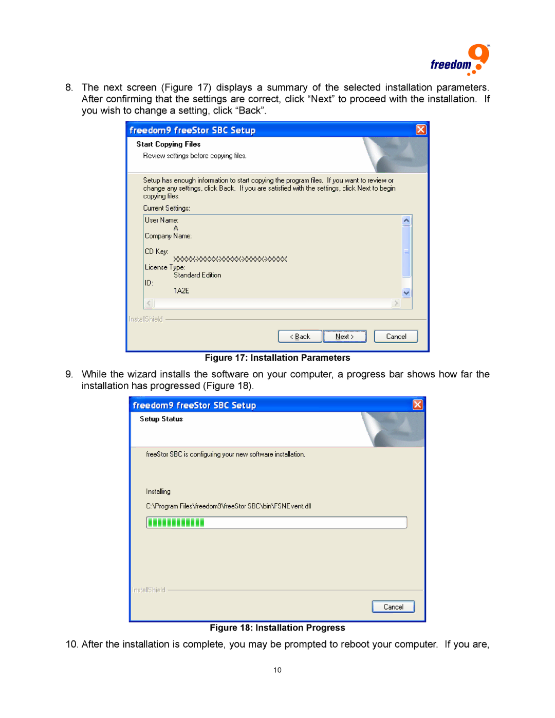 Freedom9 USB user manual Installation Parameters 