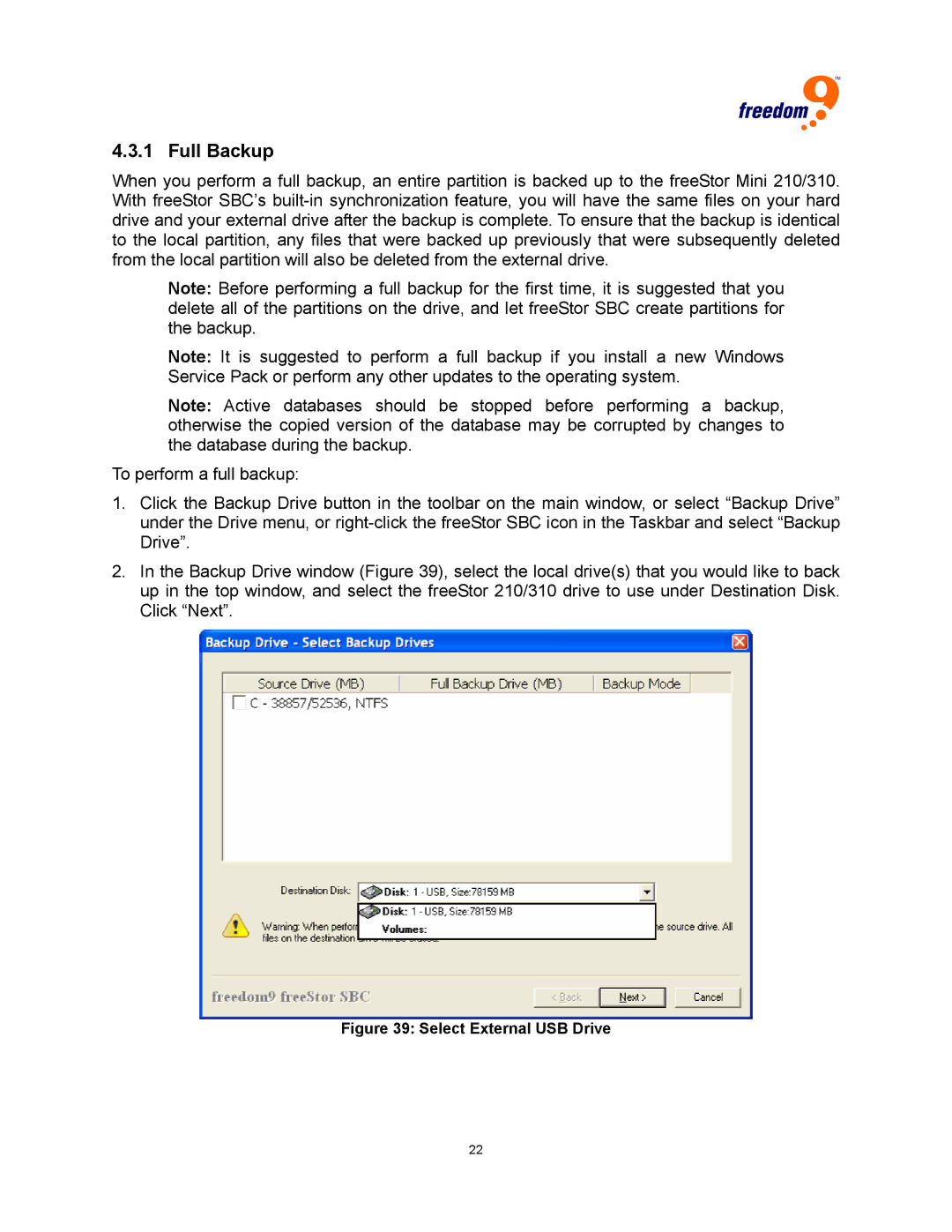 Freedom9 user manual Full Backup, Select External USB Drive 