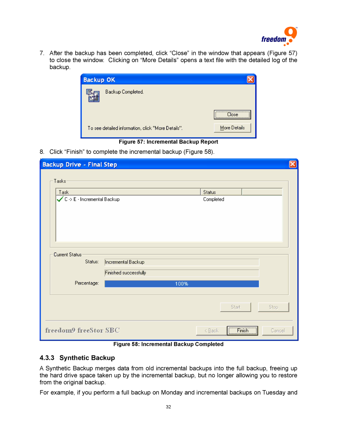 Freedom9 USB user manual Synthetic Backup, Incremental Backup Report 