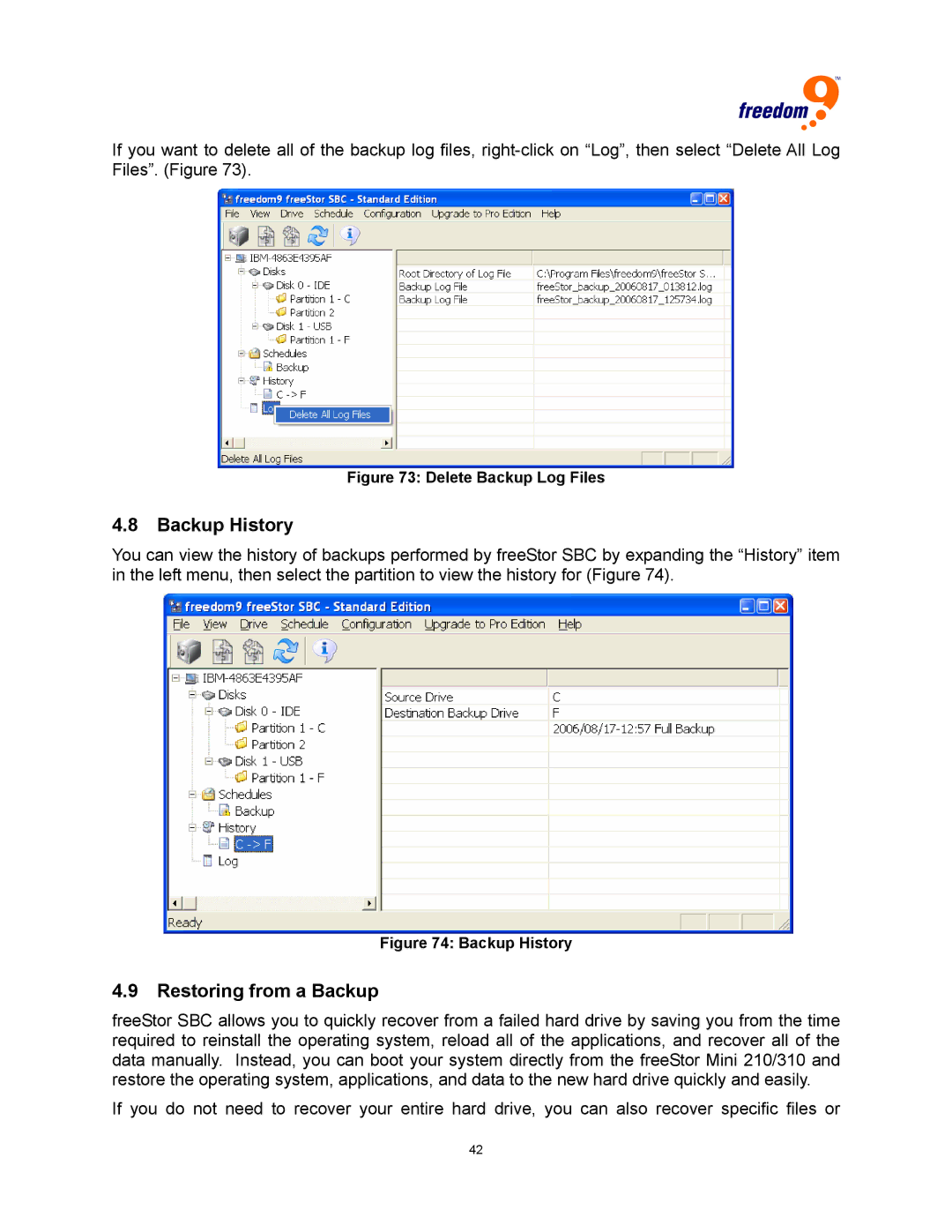 Freedom9 USB user manual Backup History, Restoring from a Backup 