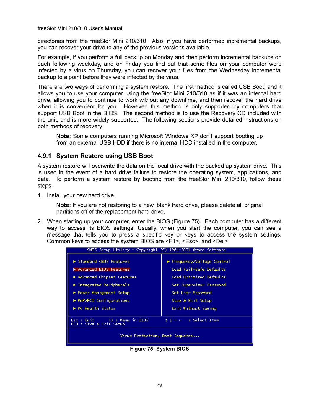 Freedom9 user manual System Restore using USB Boot, System Bios 