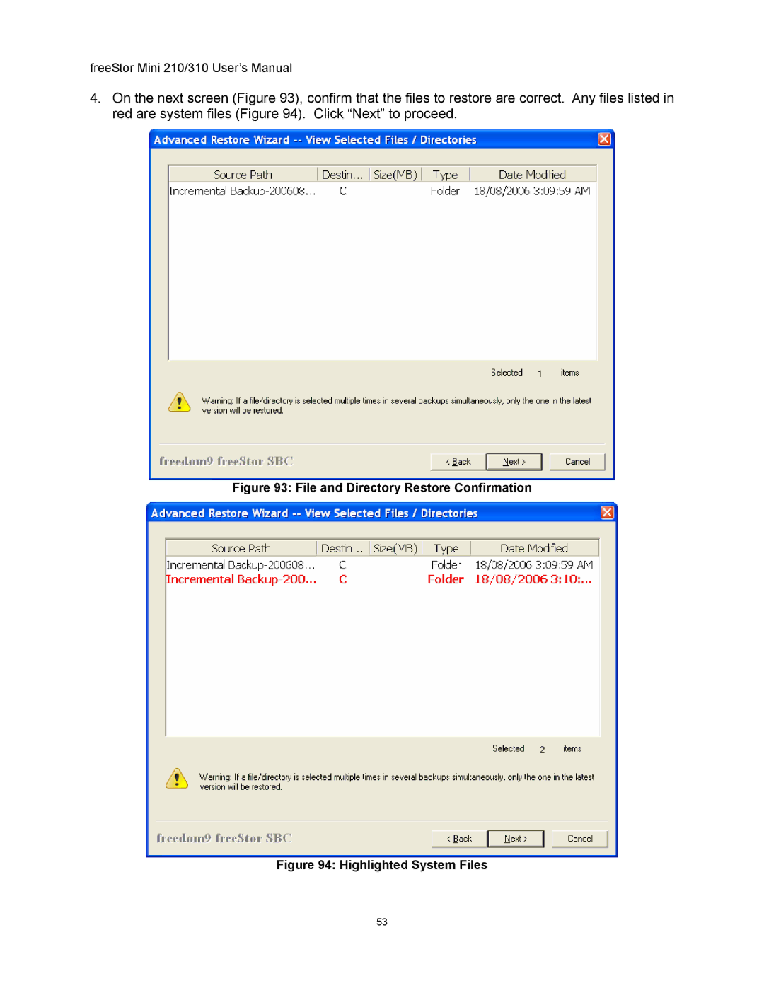 Freedom9 USB user manual File and Directory Restore Confirmation 