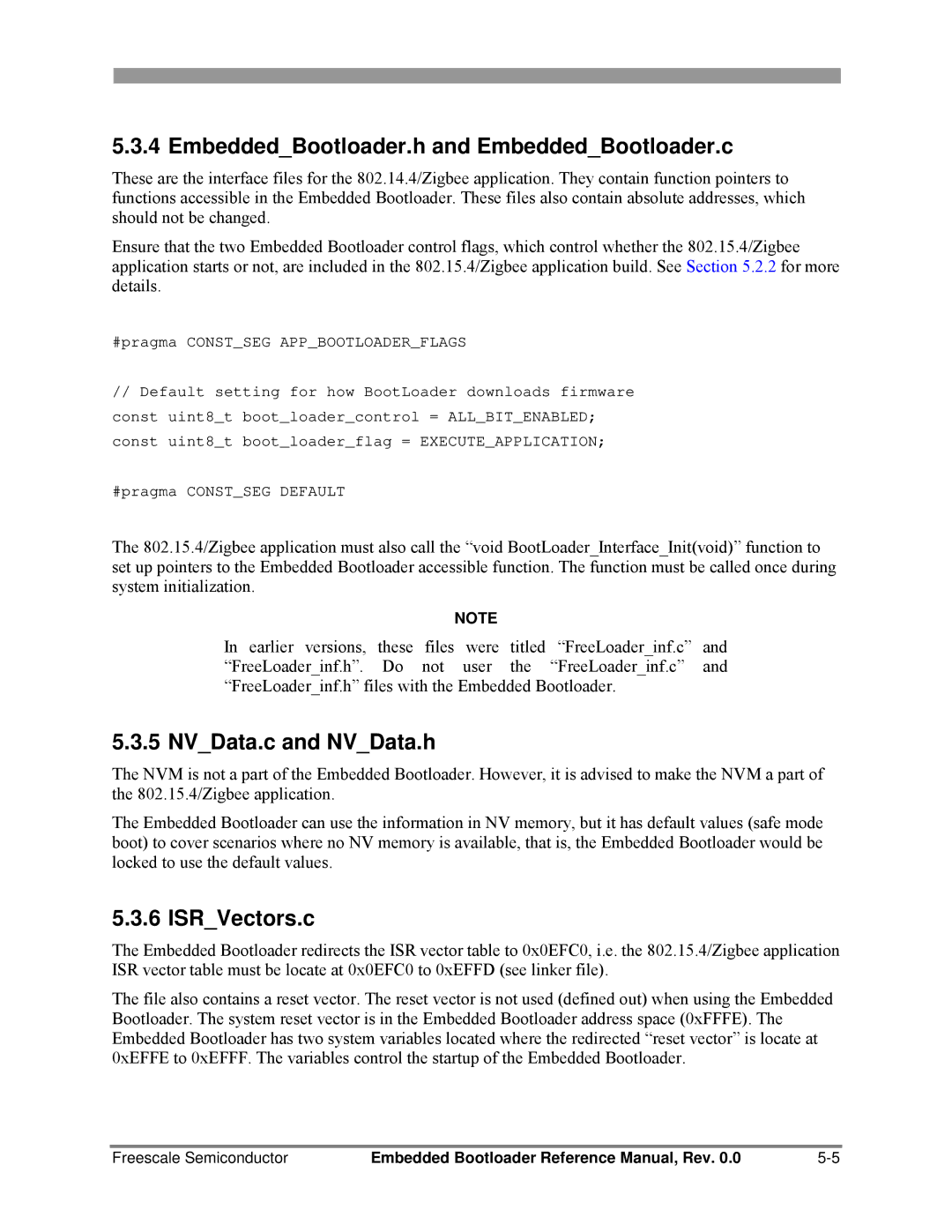 Freescale Semiconductor 802.15.4 manual EmbeddedBootloader.h and EmbeddedBootloader.c, NVData.c and NVData.h, ISRVectors.c 