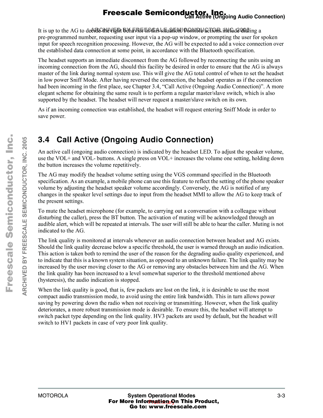 Freescale Semiconductor 94001480400/D manual Call Active Ongoing Audio Connection 