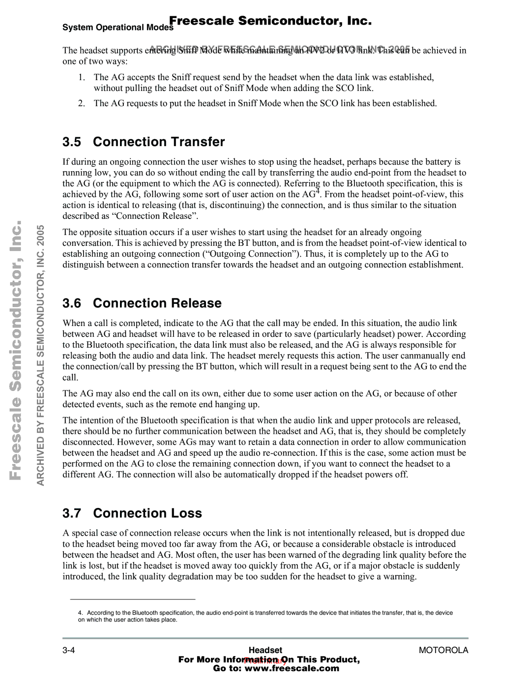 Freescale Semiconductor 94001480400/D manual Connection Transfer, Connection Release, Connection Loss 