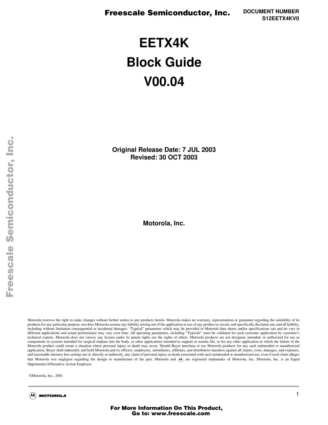 Freescale Semiconductor EETX4K, Block Guide warranty Freescale Semiconductor, Inc 