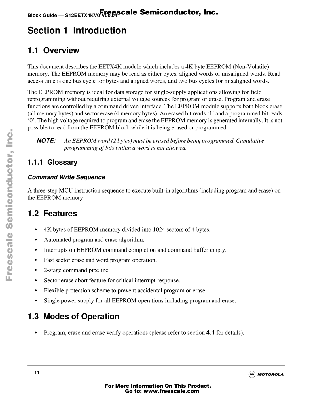 Freescale Semiconductor EETX4K, Block Guide warranty Introduction, Overview, Features, Modes of Operation, Glossary 