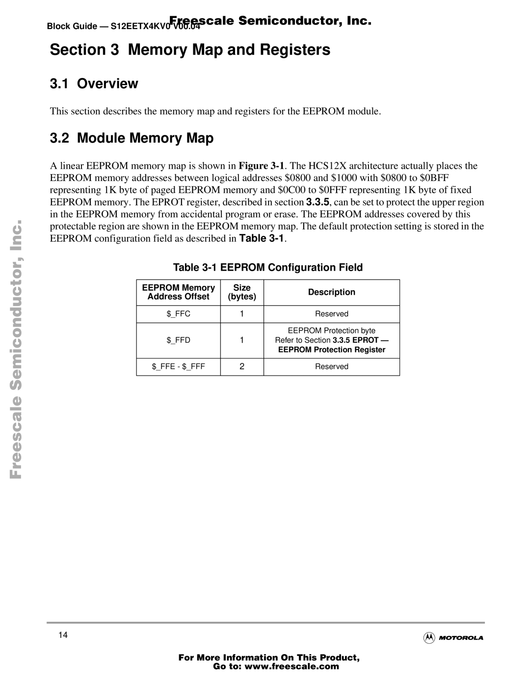 Freescale Semiconductor Block Guide, EETX4K warranty Memory Map and Registers, Module Memory Map, Eeprom Conﬁguration Field 