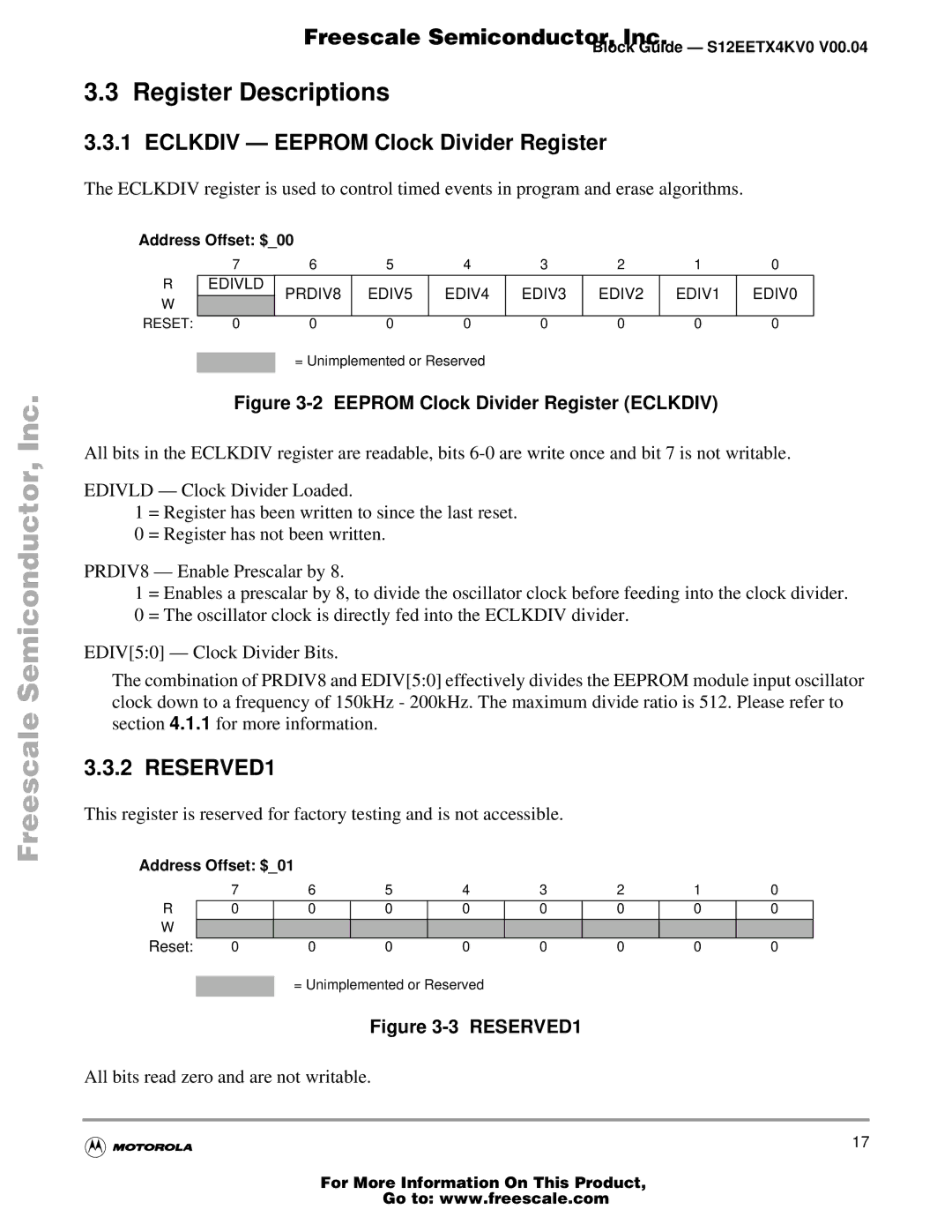 Freescale Semiconductor EETX4K, Block Guide warranty Register Descriptions, Eclkdiv Eeprom Clock Divider Register 