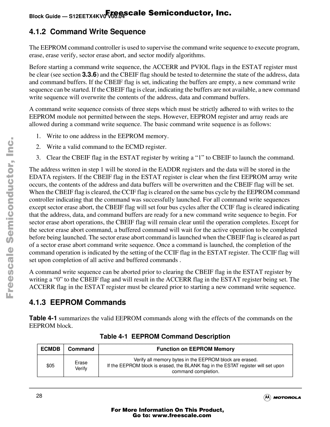 Freescale Semiconductor Block Guide, EETX4K warranty Command Write Sequence, Eeprom Commands, Eeprom Command Description 