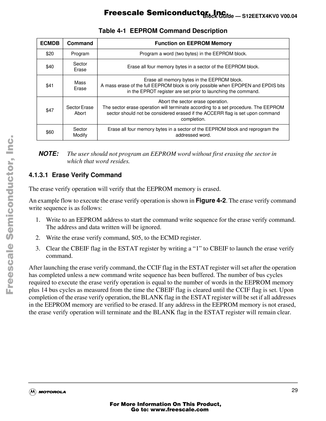 Freescale Semiconductor EETX4K, Block Guide warranty Erase Verify Command, Sector 