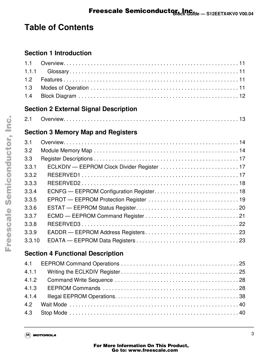 Freescale Semiconductor EETX4K, Block Guide warranty Table of Contents 