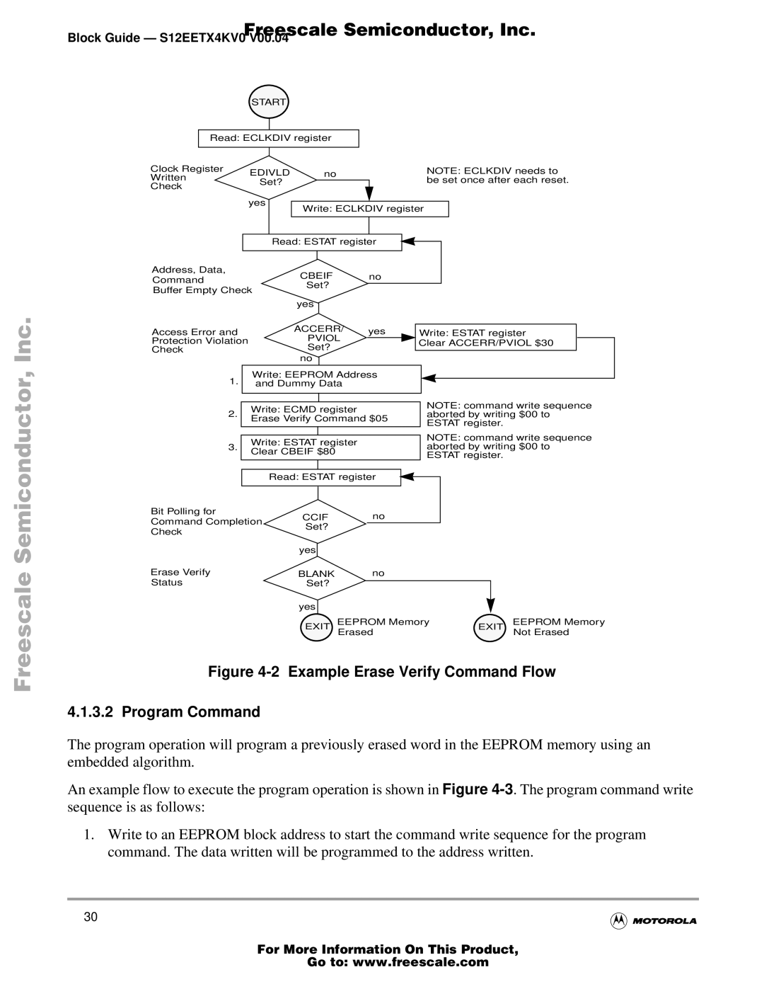 Freescale Semiconductor Block Guide, EETX4K warranty Example Erase Verify Command Flow Program Command 