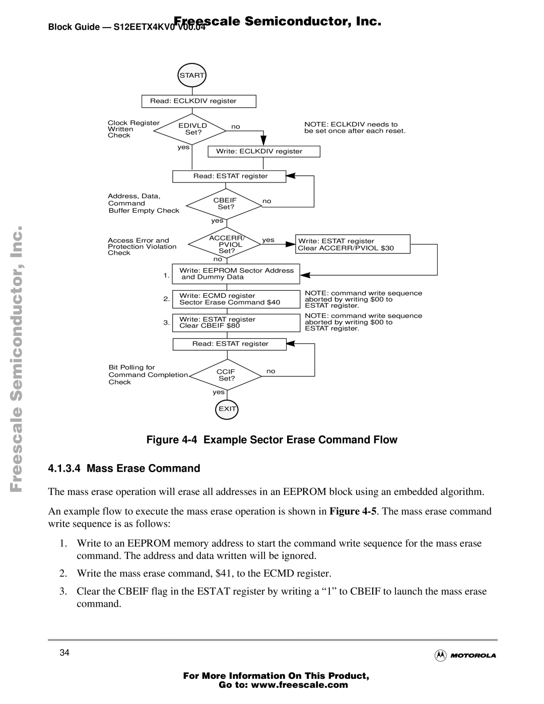 Freescale Semiconductor Block Guide, EETX4K warranty Example Sector Erase Command Flow Mass Erase Command 