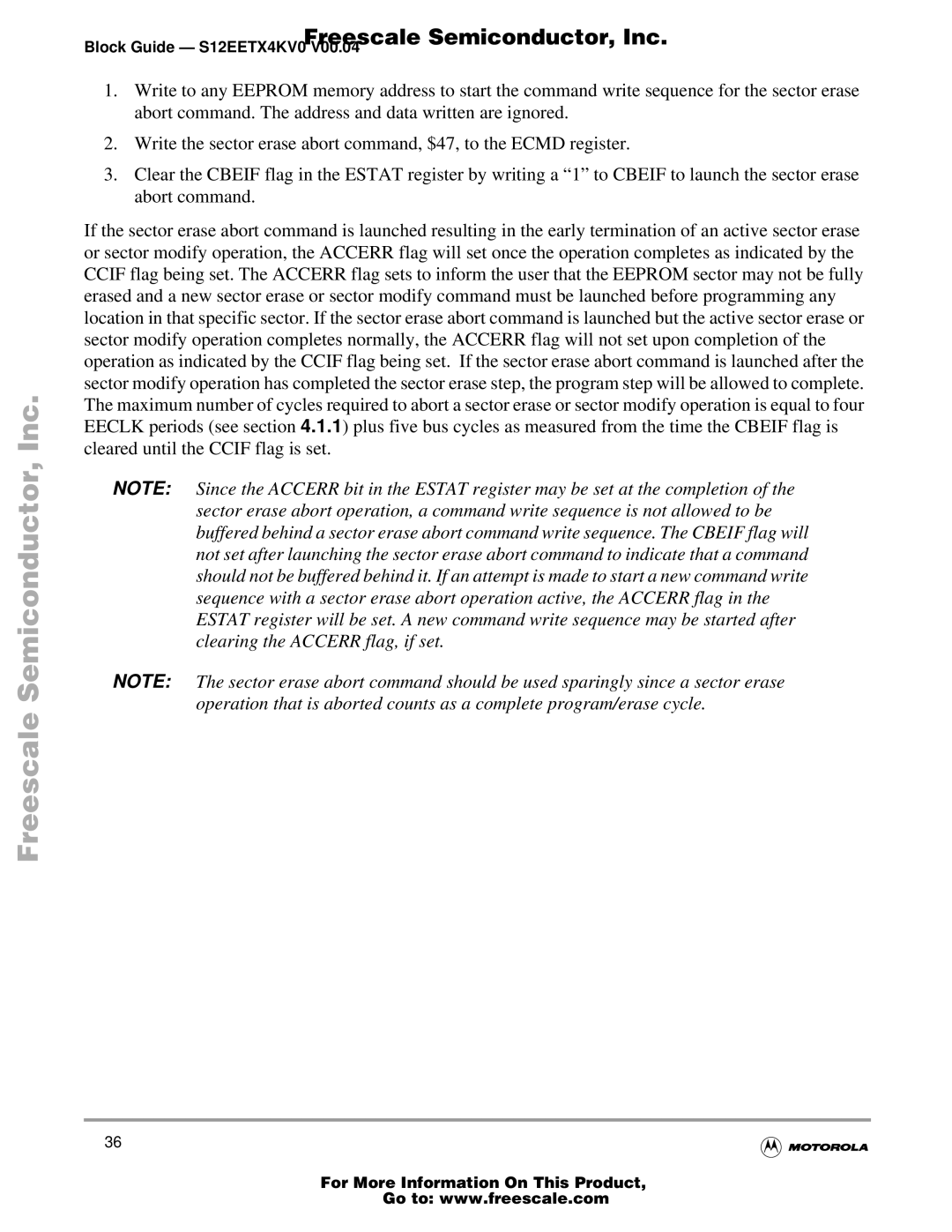 Freescale Semiconductor Block Guide, EETX4K warranty Freescale Semiconductor, Inc 