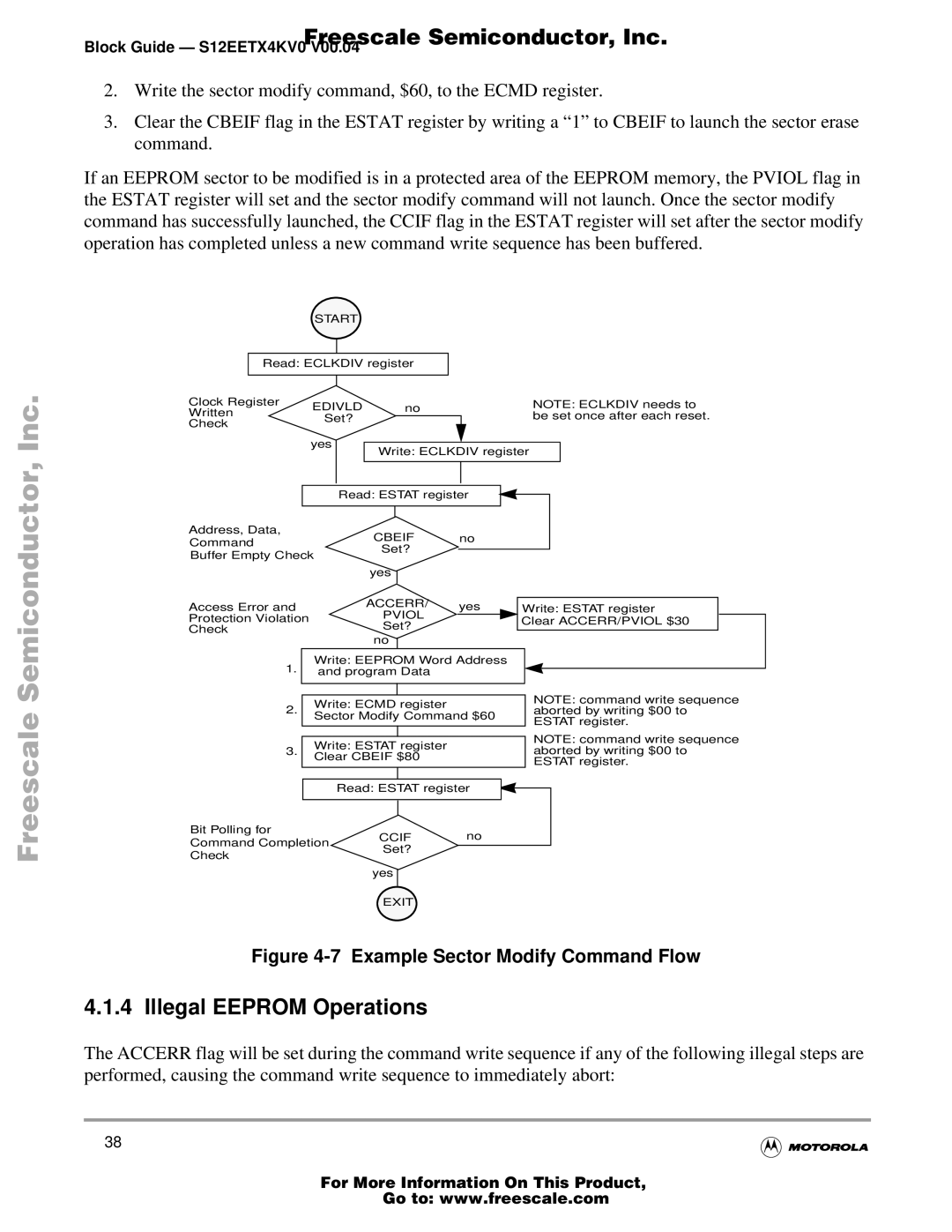 Freescale Semiconductor Block Guide, EETX4K warranty Illegal Eeprom Operations, Example Sector Modify Command Flow 