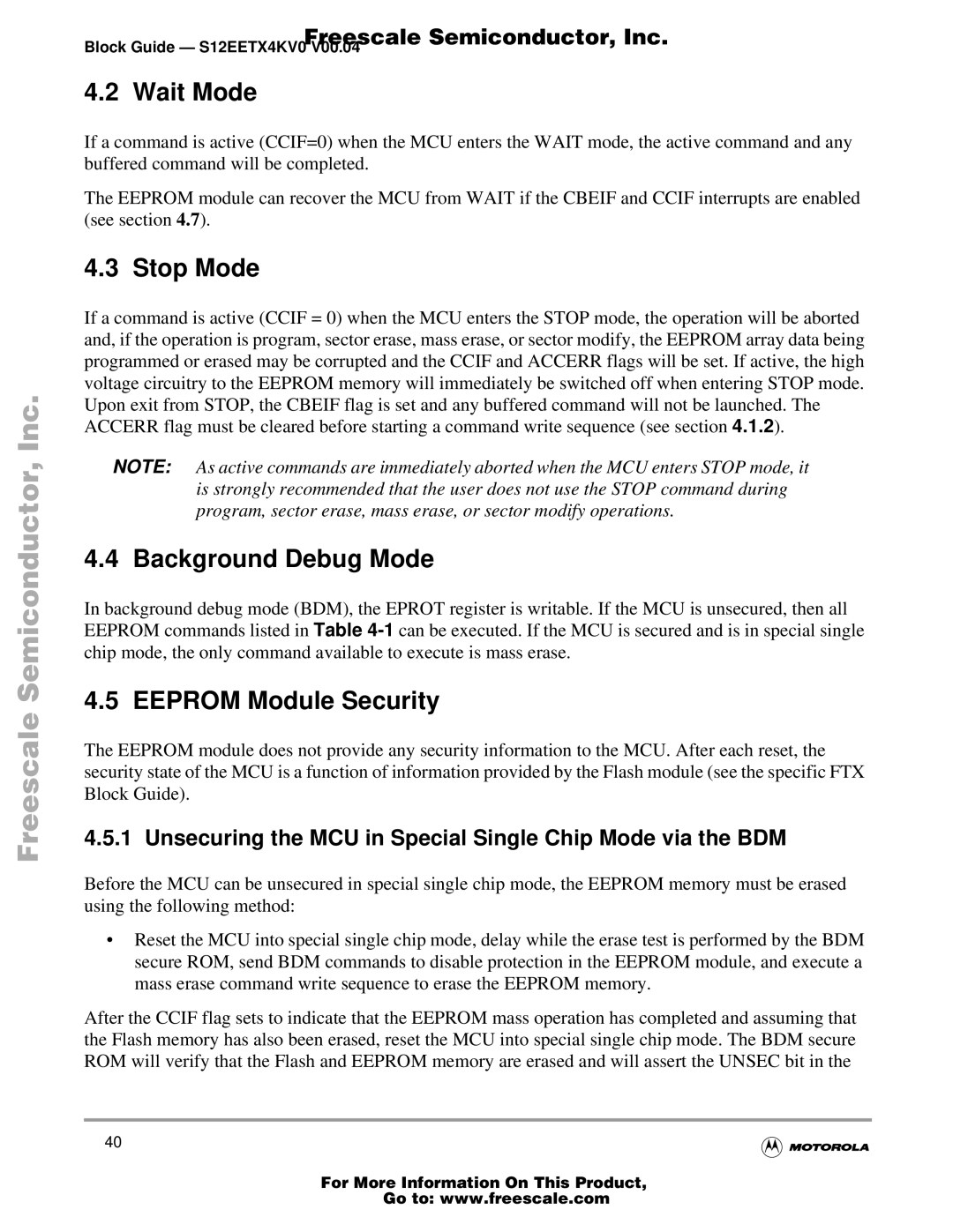 Freescale Semiconductor Block Guide, EETX4K warranty Wait Mode, Stop Mode, Background Debug Mode, Eeprom Module Security 