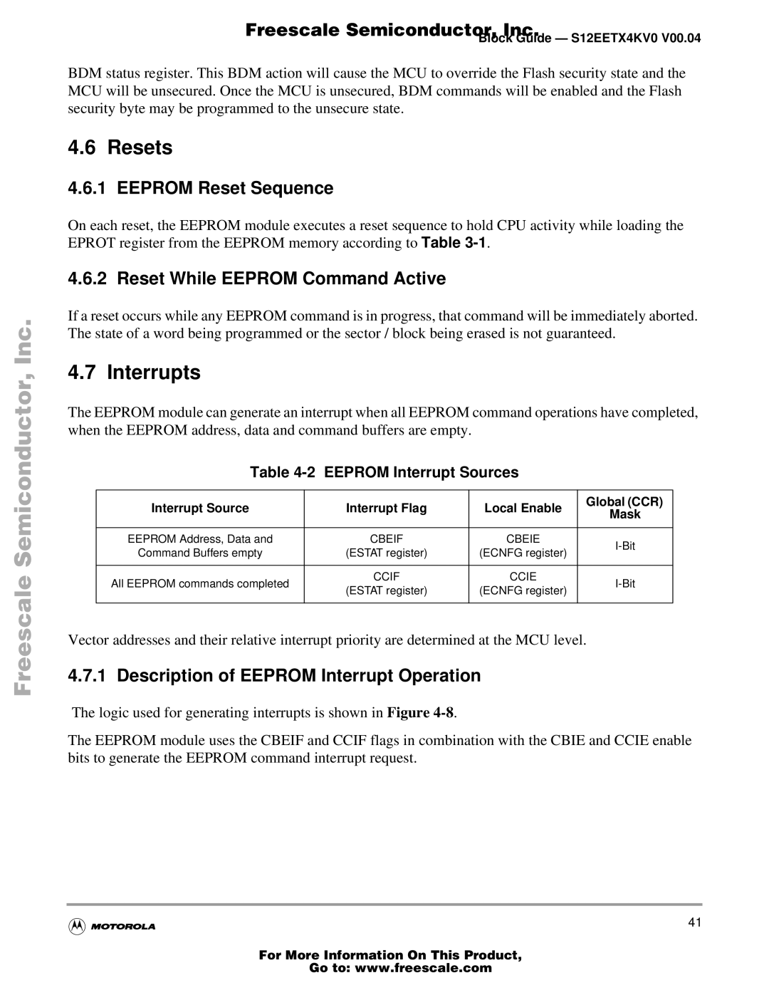 Freescale Semiconductor EETX4K, Block Guide Resets, Interrupts, Eeprom Reset Sequence, Reset While Eeprom Command Active 