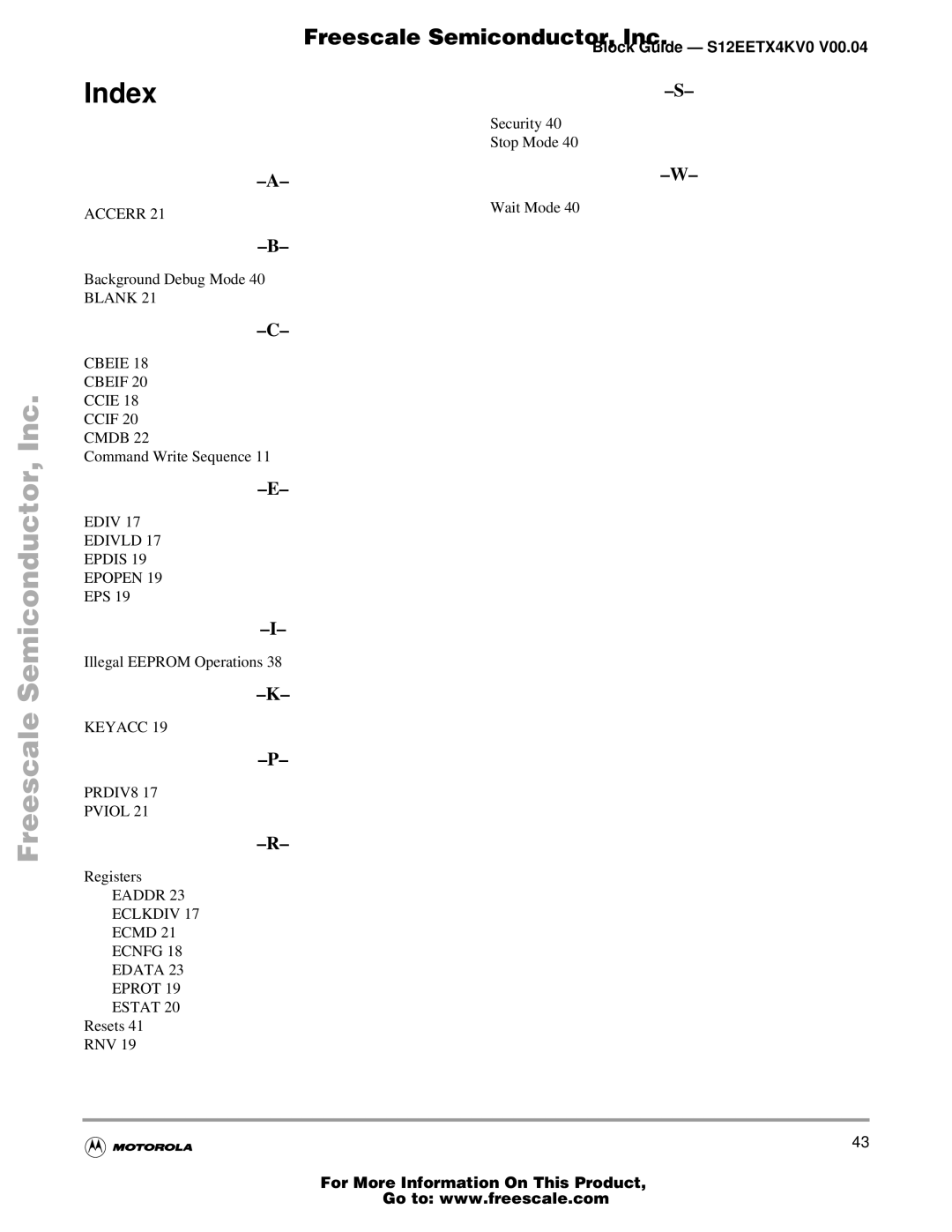 Freescale Semiconductor EETX4K, Block Guide warranty Index 