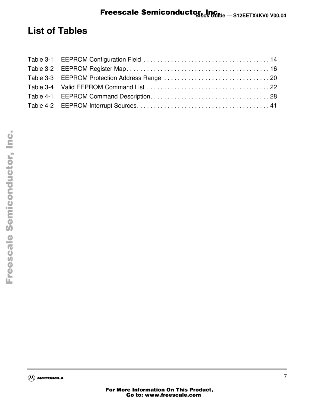 Freescale Semiconductor EETX4K, Block Guide warranty List of Tables 