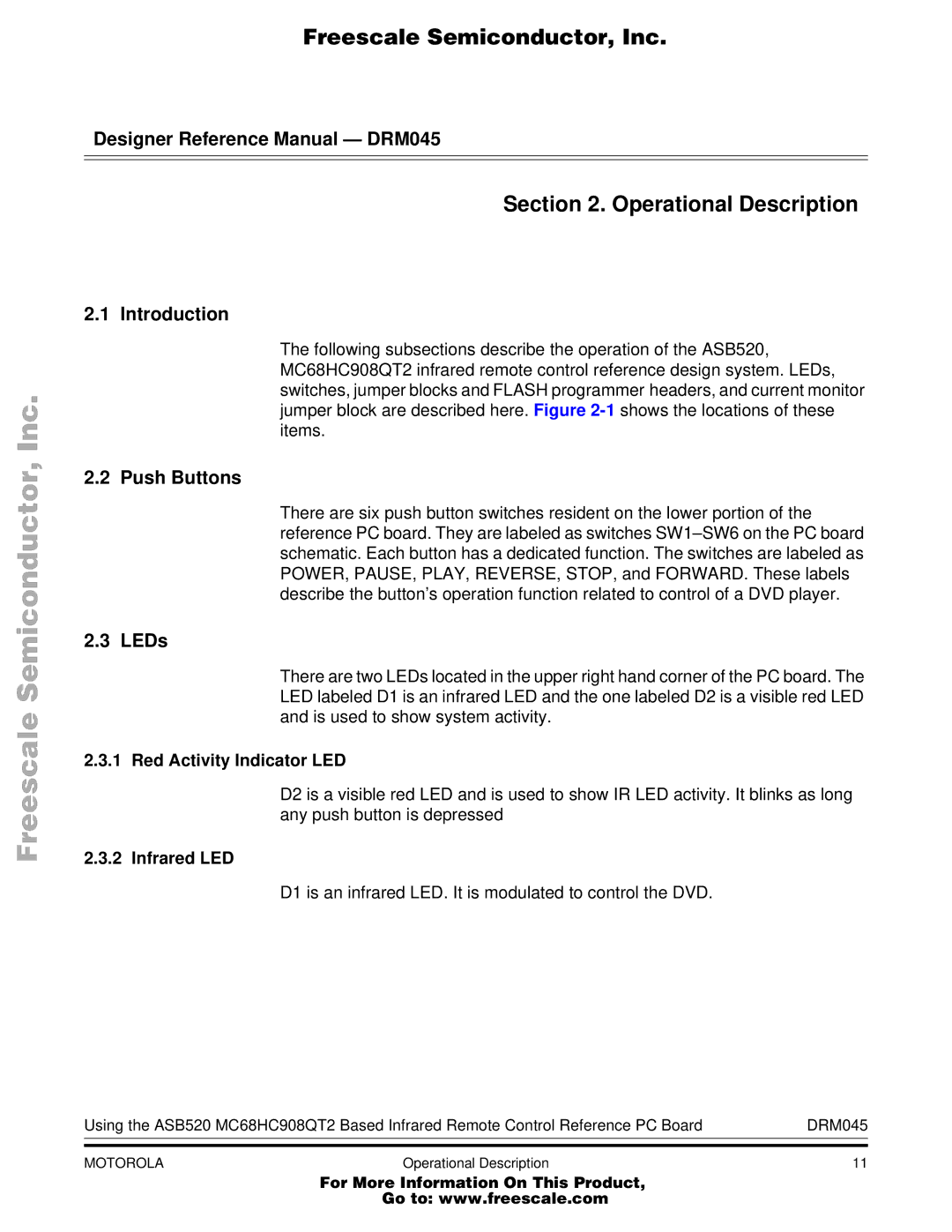 Freescale Semiconductor MC68HC908QT2, M68HC08 manual Operational Description, Push Buttons, LEDs 