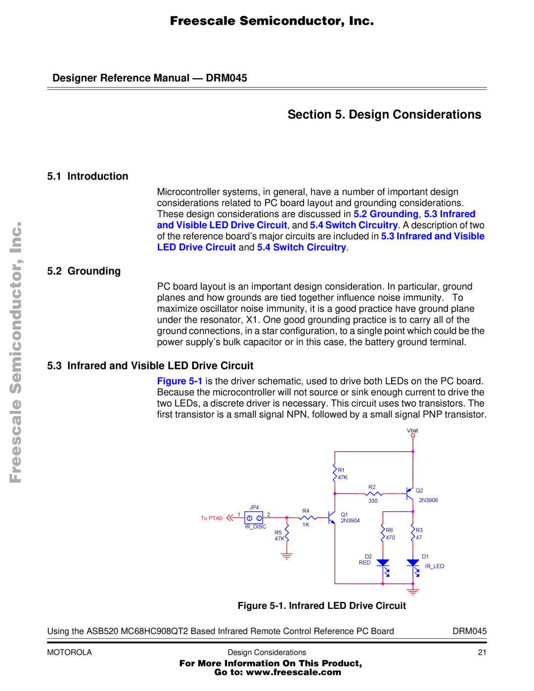 Freescale Semiconductor MC68HC908QT2, M68HC08 Design Considerations, Grounding, Infrared and Visible LED Drive Circuit 