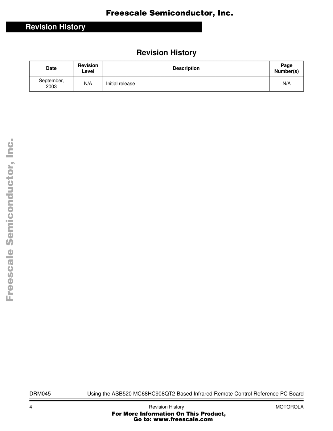 Freescale Semiconductor M68HC08, MC68HC908QT2 manual Revision History 