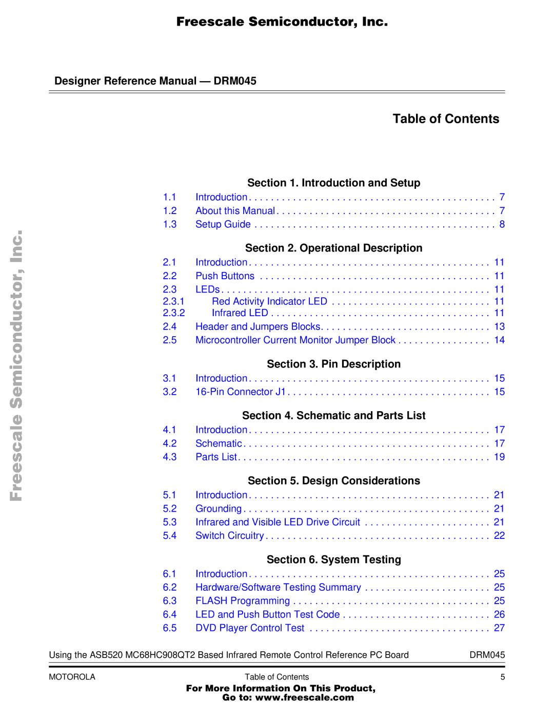 Freescale Semiconductor MC68HC908QT2, M68HC08 manual Table of Contents 