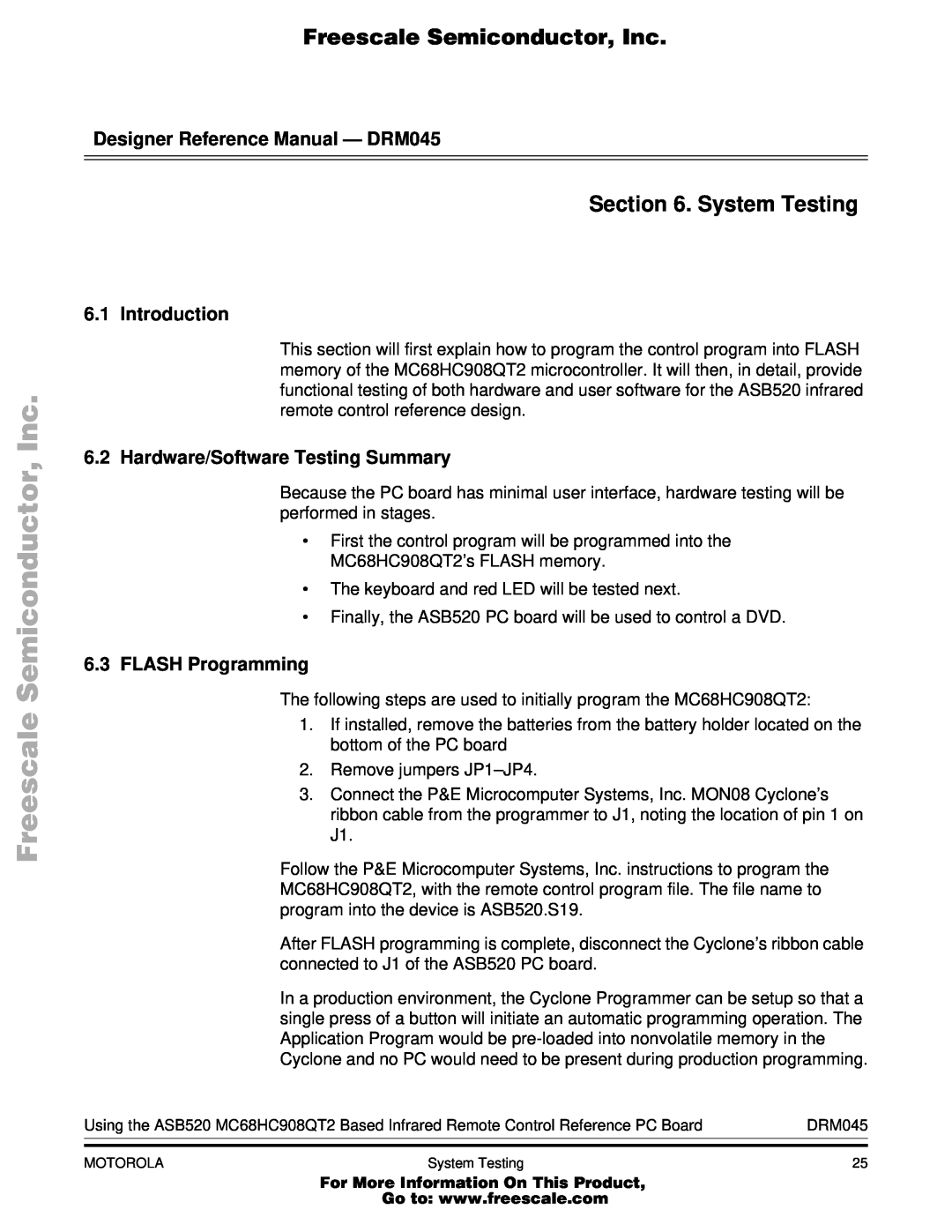 Freescale Semiconductor MC68HC908QT2 System Testing, Introduction, Hardware/Software Testing Summary, 6.3FLASH Programming 